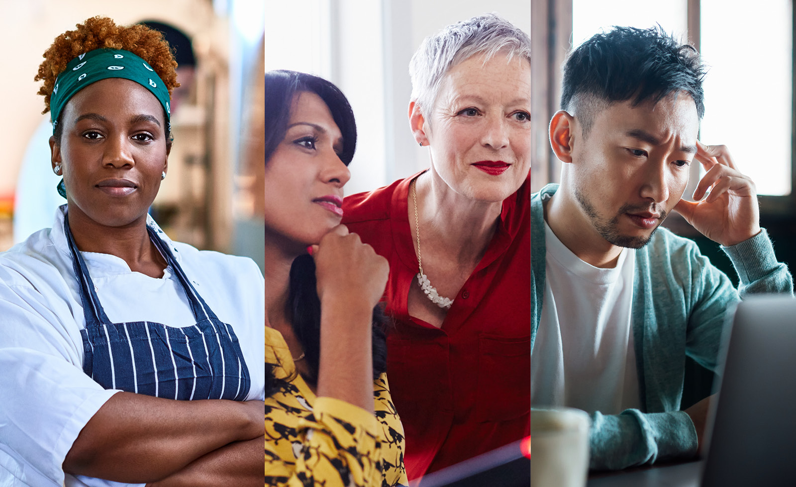 collage of workers in restaurant, office, and remote settings