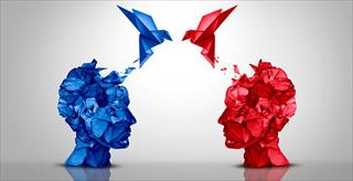 graphic of a red head and a blue head representing opposing views