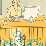 graphic of woman teleworking with a child in a playpen under her desk