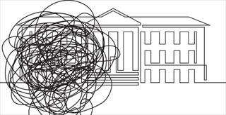 graphic of scribbled lines over a drawing of an academic building