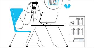 drawing of a man looking at a laptop with a broken heart image on the wall