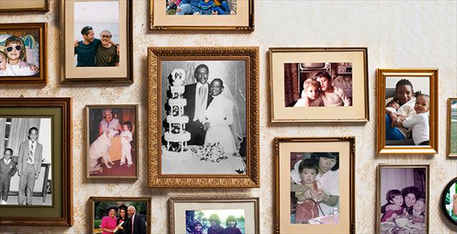 collage of picture frames hanging on a wallpapered wall