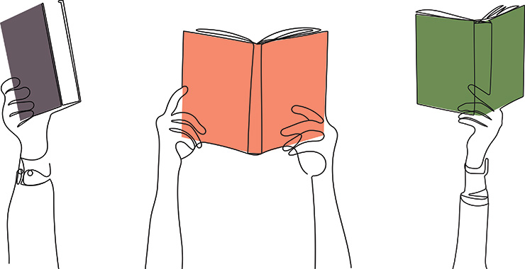 graphic of people holding up books