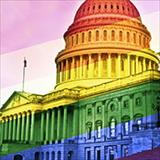 Capitol Hill overlayed with rainbow colors in support of LGTBQ+ rights.