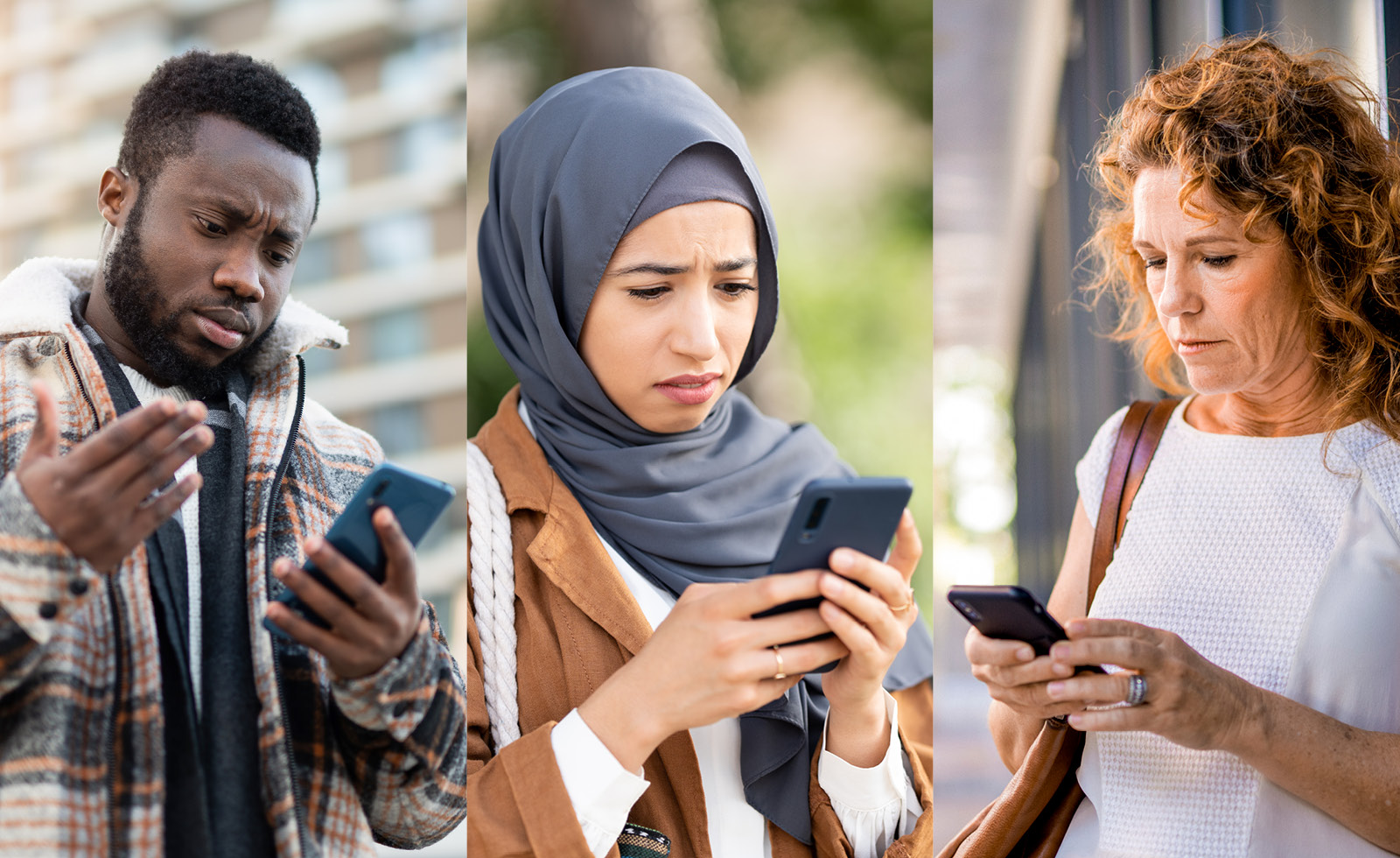 three individuals reacting to something on their smartphones
